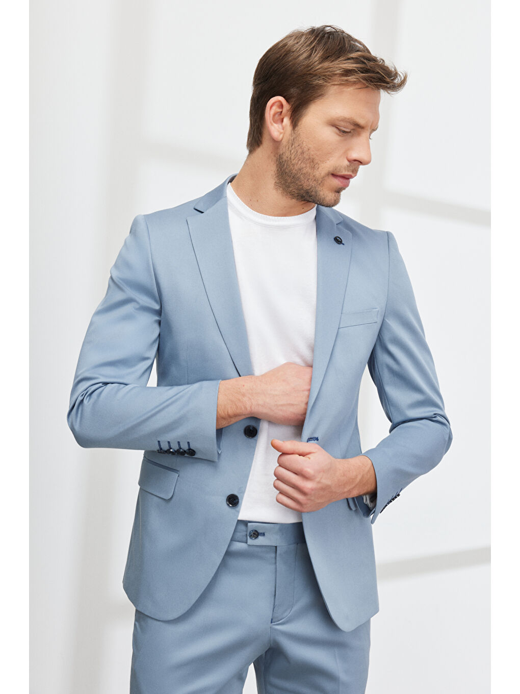 Erkek Mavi Ekstra Slim Fit Dar Kesim Mono Yaka Diyagonal Desenli Pamuklu Conte Takım Elbise-1
