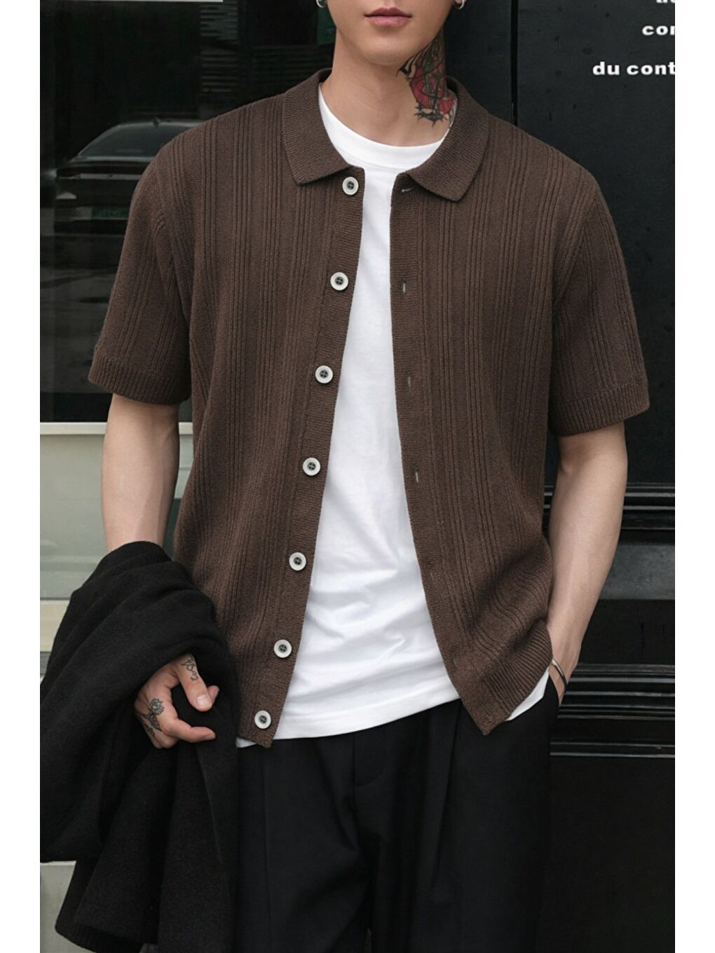 Kahverengi Çizgili Erkek Triko Gömlek Yaka Hırka Yazlık Rahat Kesim