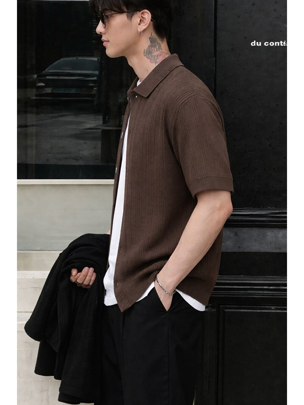 Kahverengi Çizgili Erkek Triko Gömlek Yaka Hırka Yazlık Rahat Kesim-1