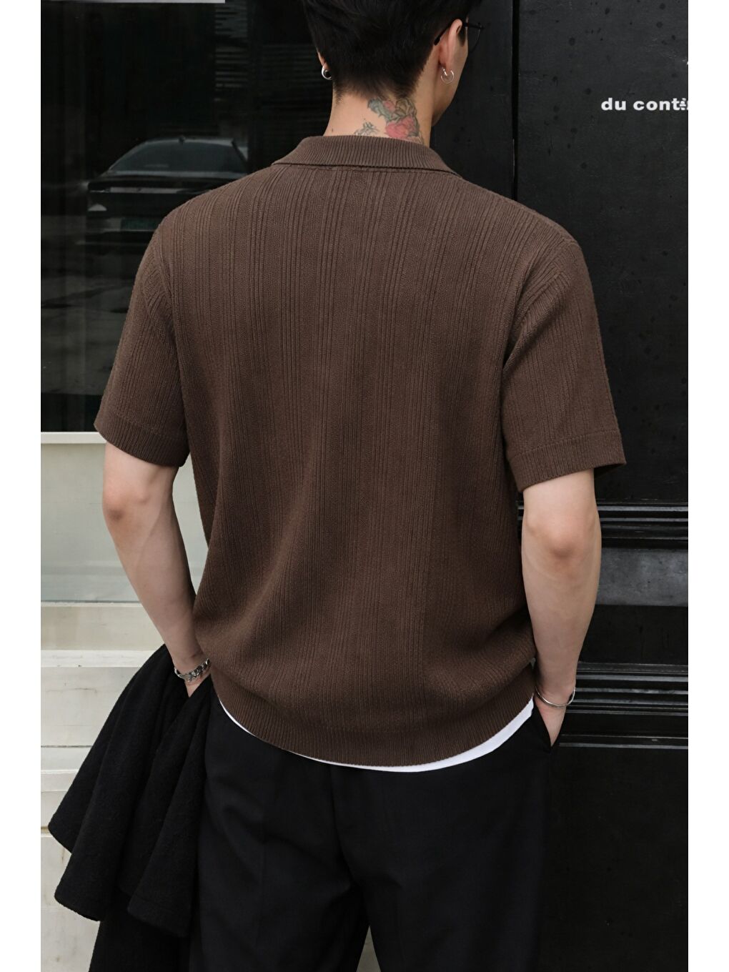 Kahverengi Çizgili Erkek Triko Gömlek Yaka Hırka Yazlık Rahat Kesim-2