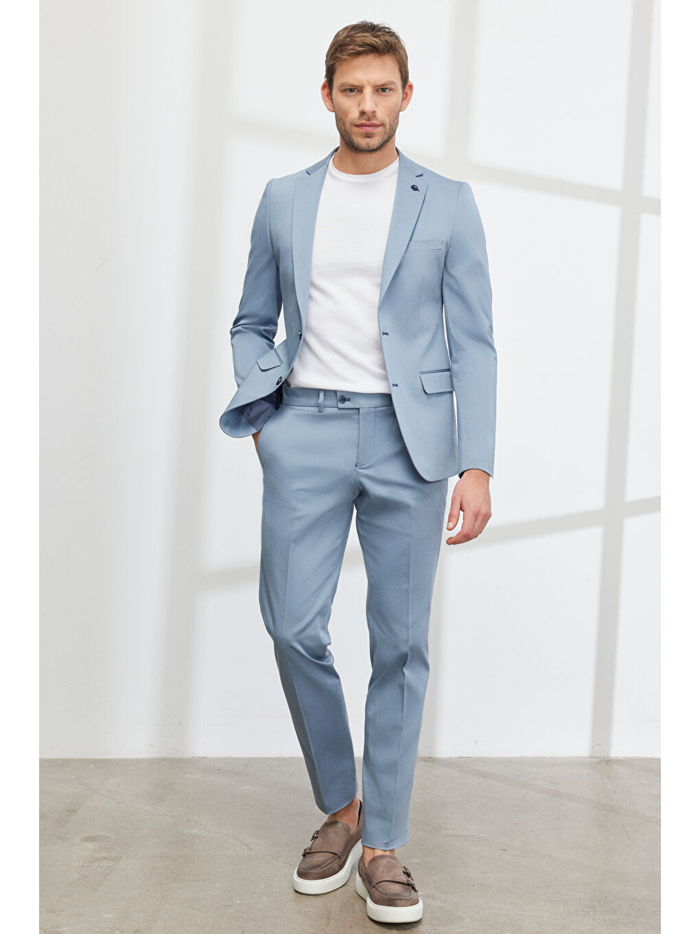 Erkek Mavi Ekstra Slim Fit Dar Kesim Mono Yaka Diyagonal Desenli Pamuklu Conte Takım Elbise-2