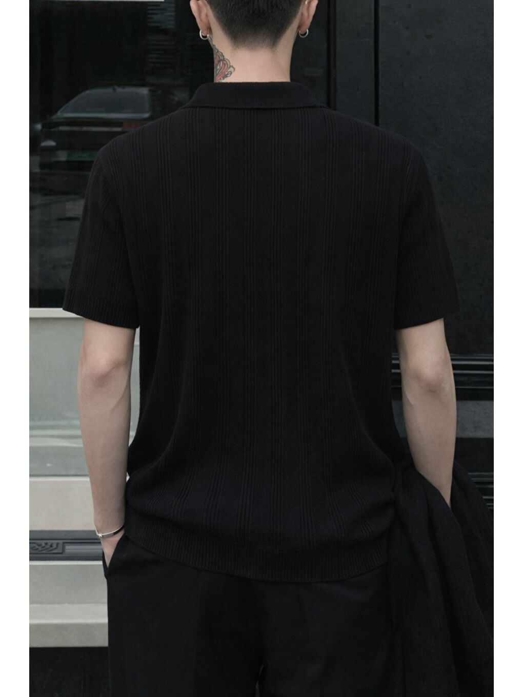 Siyah Çizgili Erkek Triko Gömlek Yaka Hırka Yazlık Rahat Kesim-1