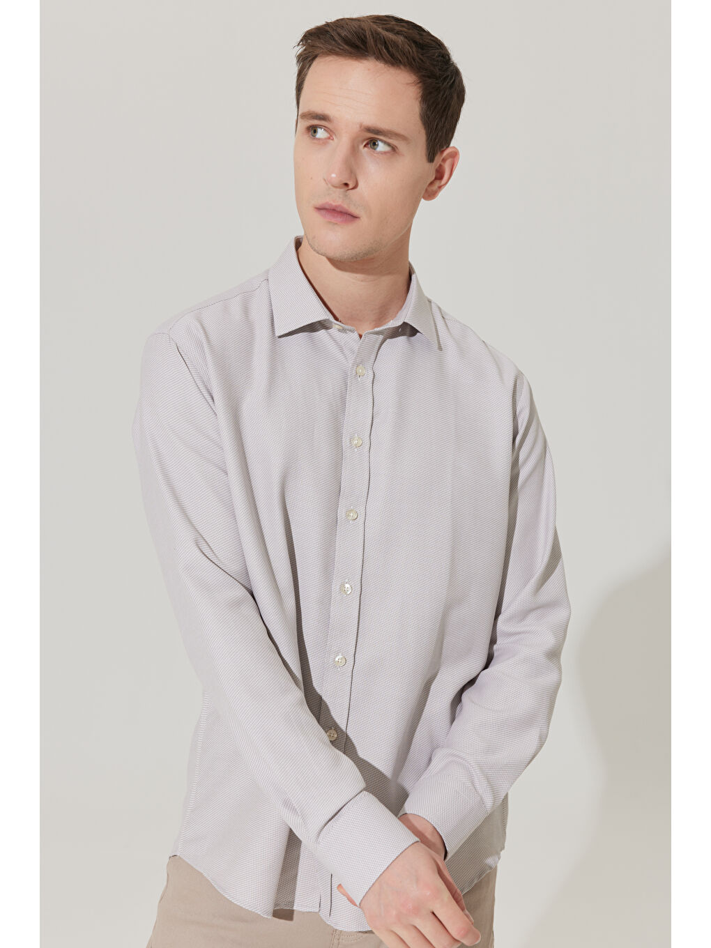 Erkek Bej Slim Fit Dar Kesim Klasik Yaka Pamuklu Armürlü Gömlek-4