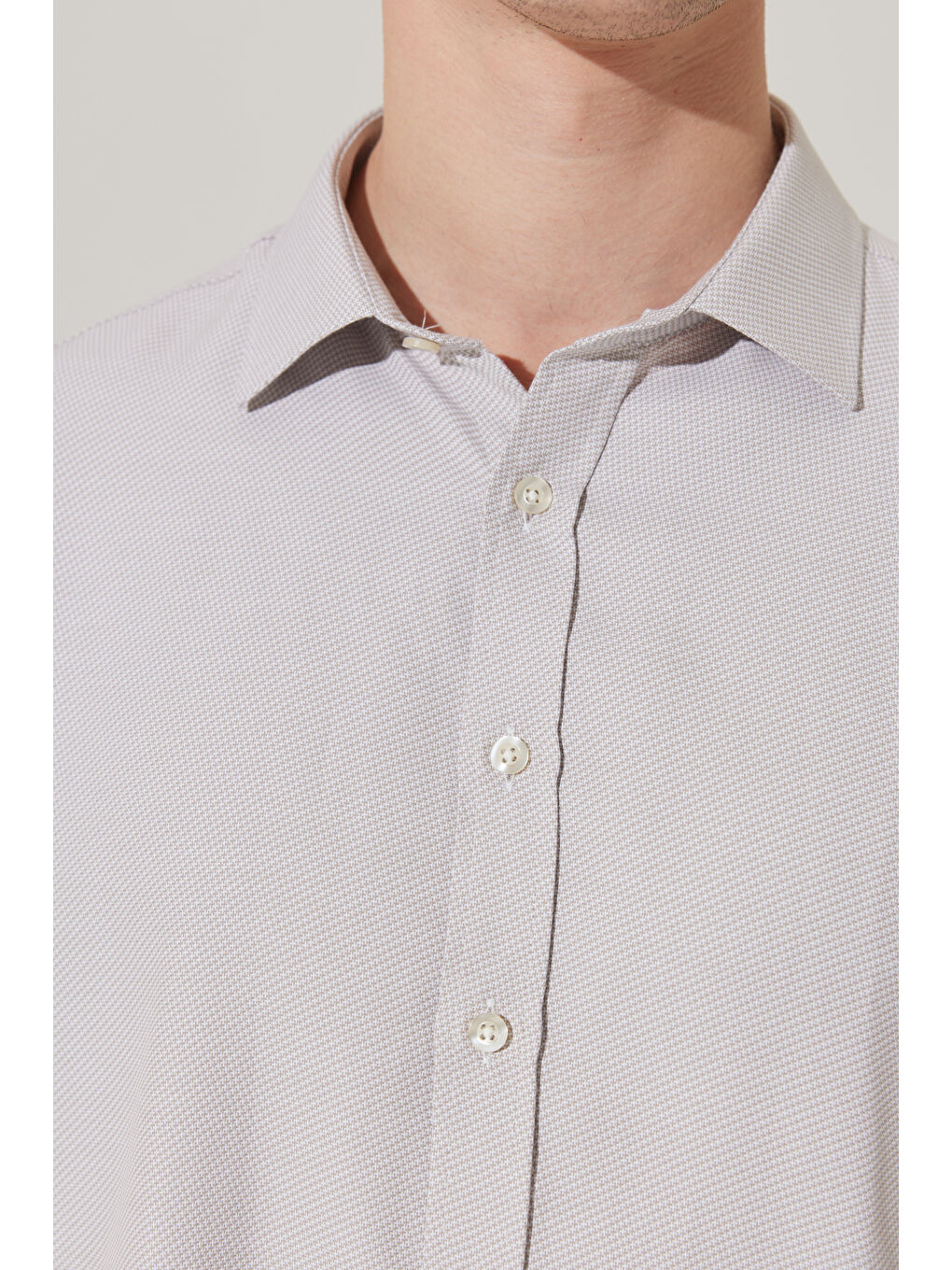 Erkek Bej Slim Fit Dar Kesim Klasik Yaka Pamuklu Armürlü Gömlek-5