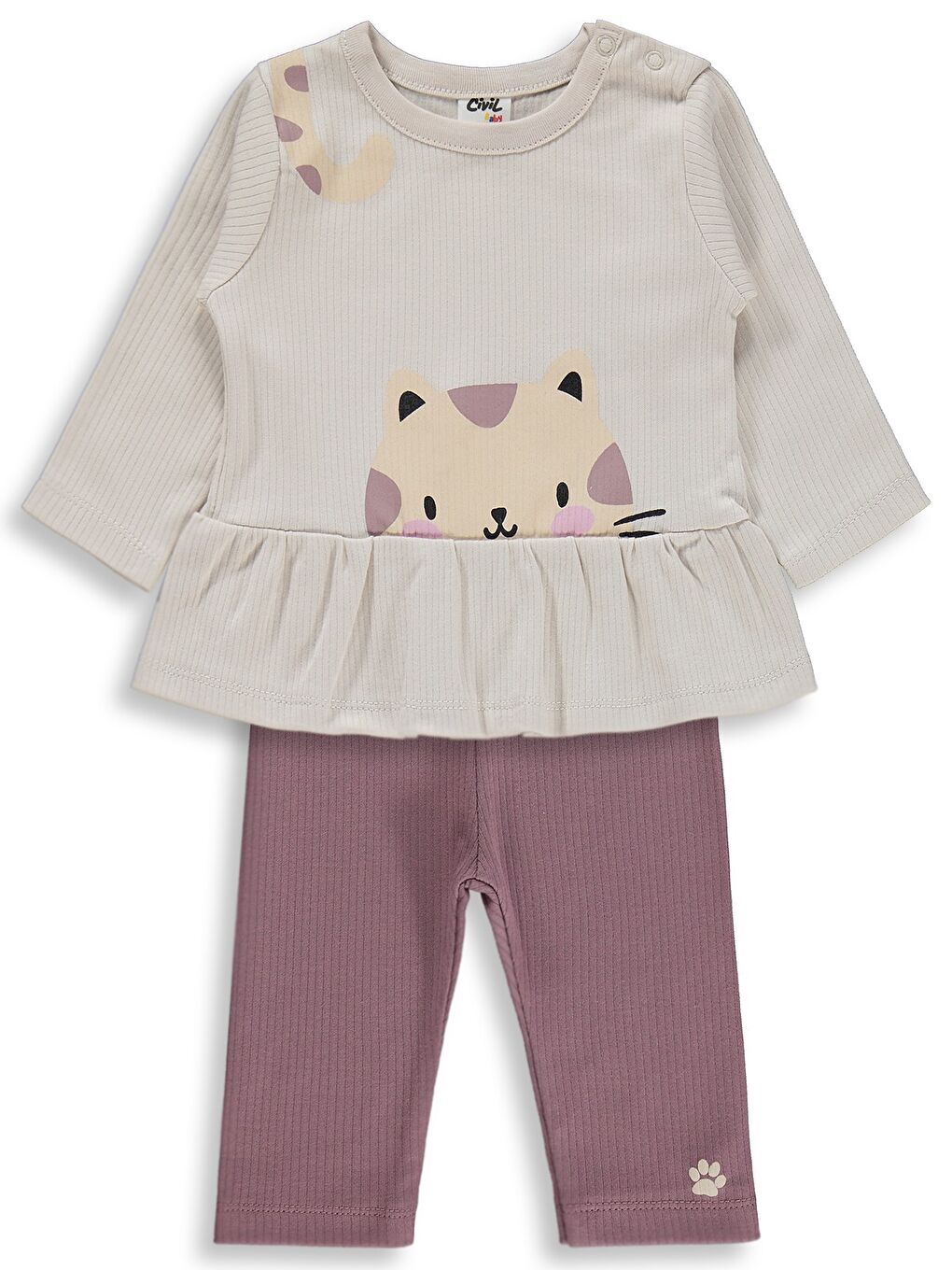 Siyah Baby Kedi Yüz Baskılı 6-18 Ay Takım - Gri