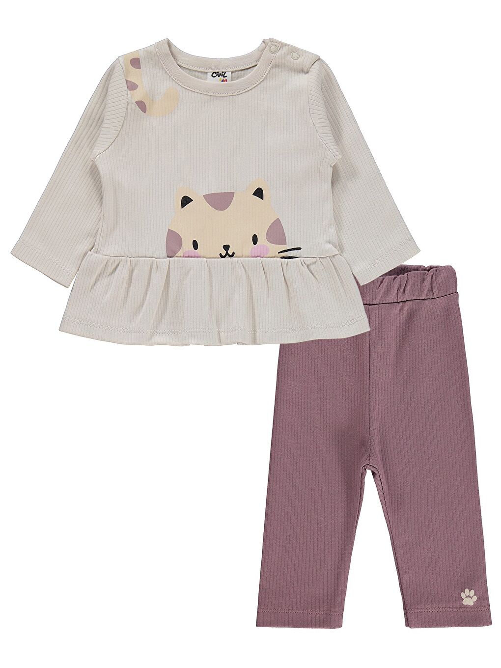 Siyah Baby Kedi Yüz Baskılı 6-18 Ay Takım - Gri-1