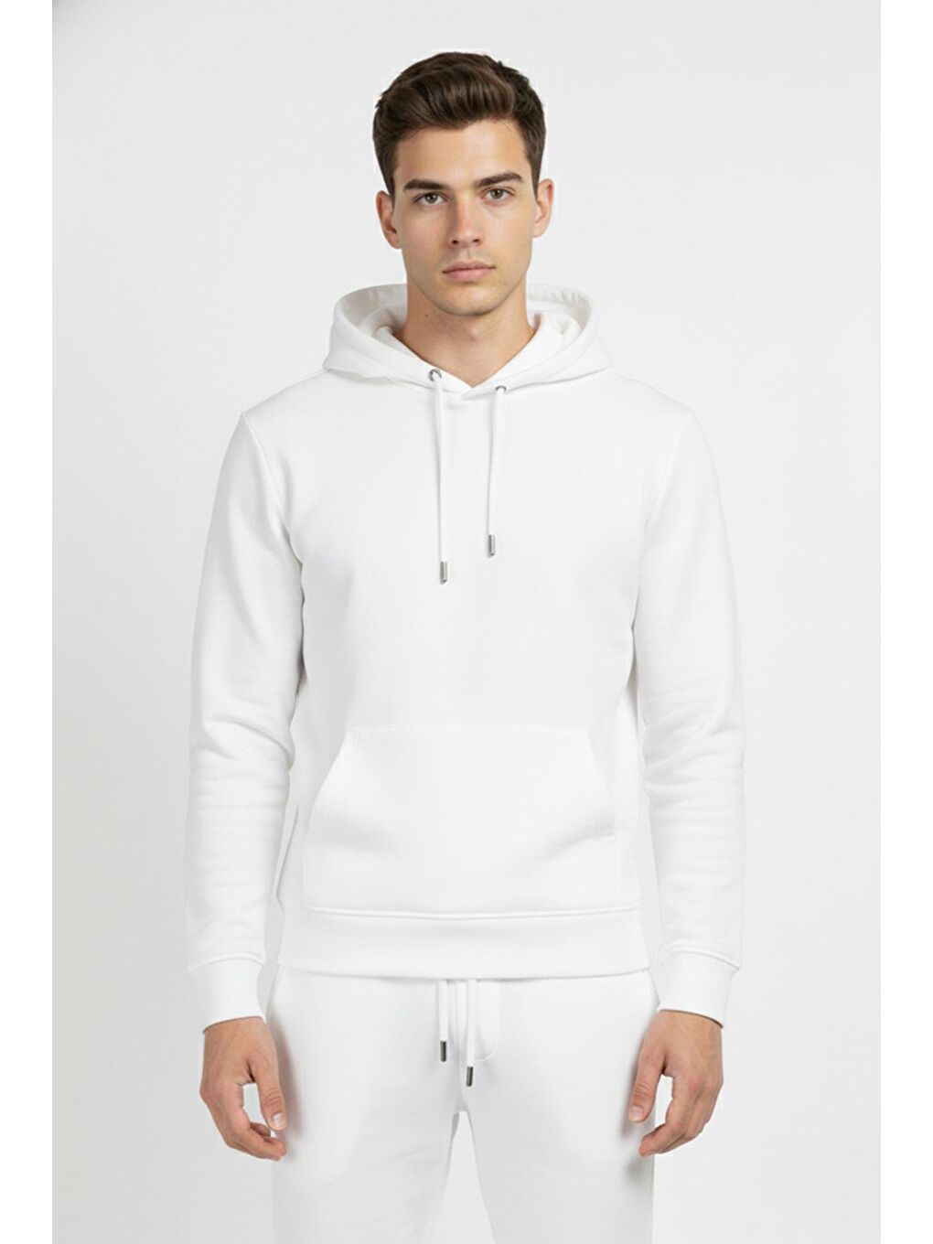Beyaz Regular Fit Pamuklu Kapüşonlu Eşofman Takımı