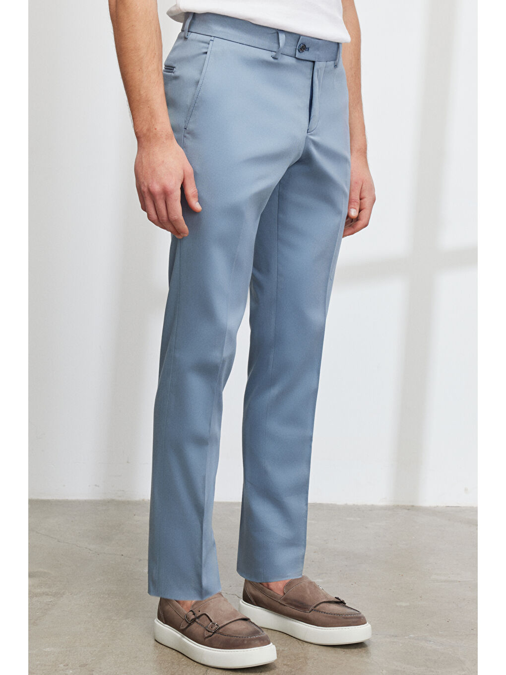 Erkek Mavi Ekstra Slim Fit Dar Kesim Mono Yaka Diyagonal Desenli Pamuklu Conte Takım Elbise-4