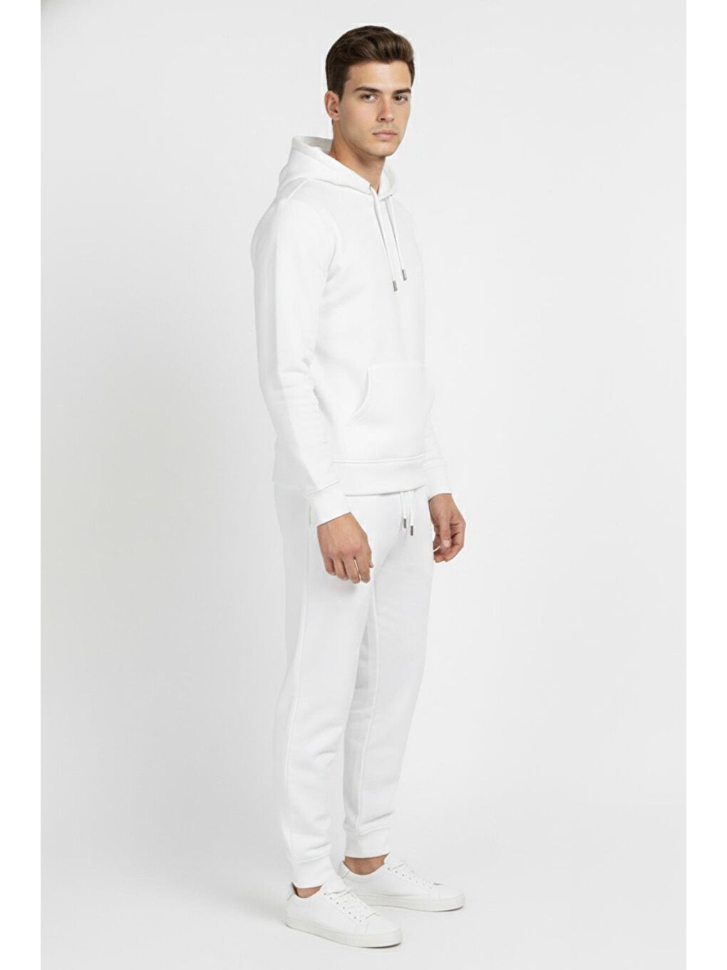 Beyaz Regular Fit Pamuklu Kapüşonlu Eşofman Takımı-1
