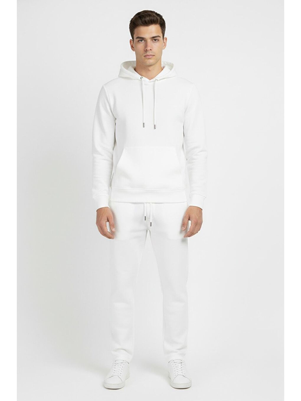 Beyaz Regular Fit Pamuklu Kapüşonlu Eşofman Takımı-2