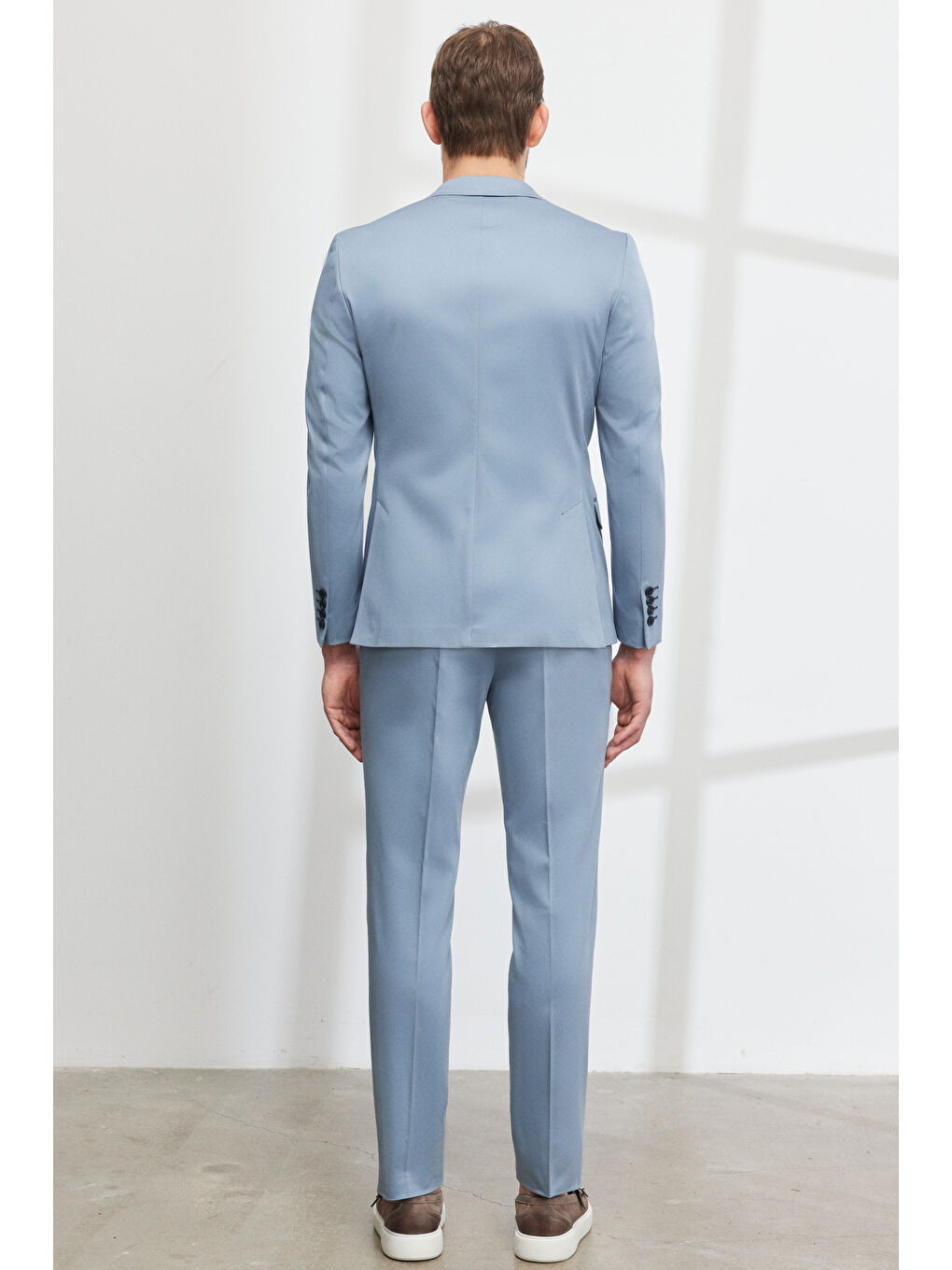 Erkek Mavi Ekstra Slim Fit Dar Kesim Mono Yaka Diyagonal Desenli Pamuklu Conte Takım Elbise-5