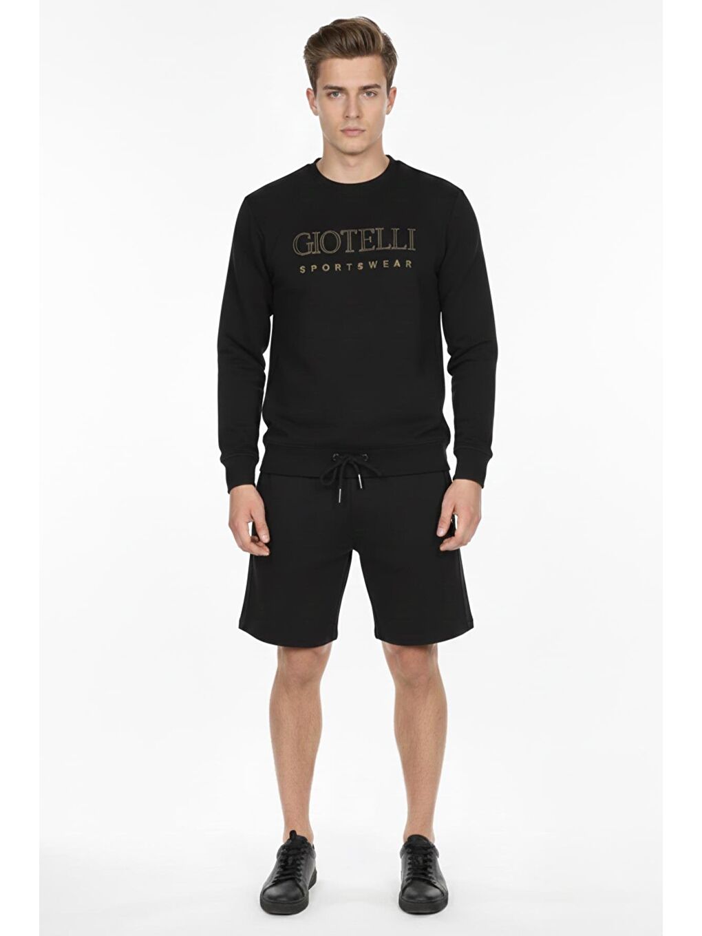 Siyah Regular Fit Pamuklu Bisiklet Yaka Şortlu Eşofman Takımı