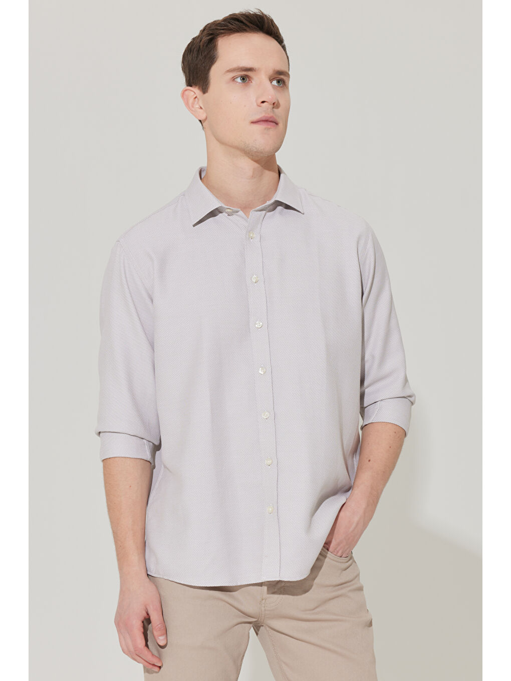 Erkek Bej Slim Fit Dar Kesim Klasik Yaka Pamuklu Armürlü Gömlek-7