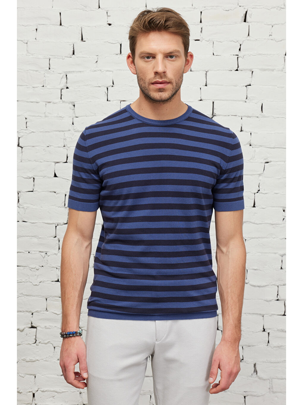 Erkek Lacivert-İndigo Standart Fit Normal Kesim Bisiklet Yaka Pamuklu Çizgili Triko Tişört