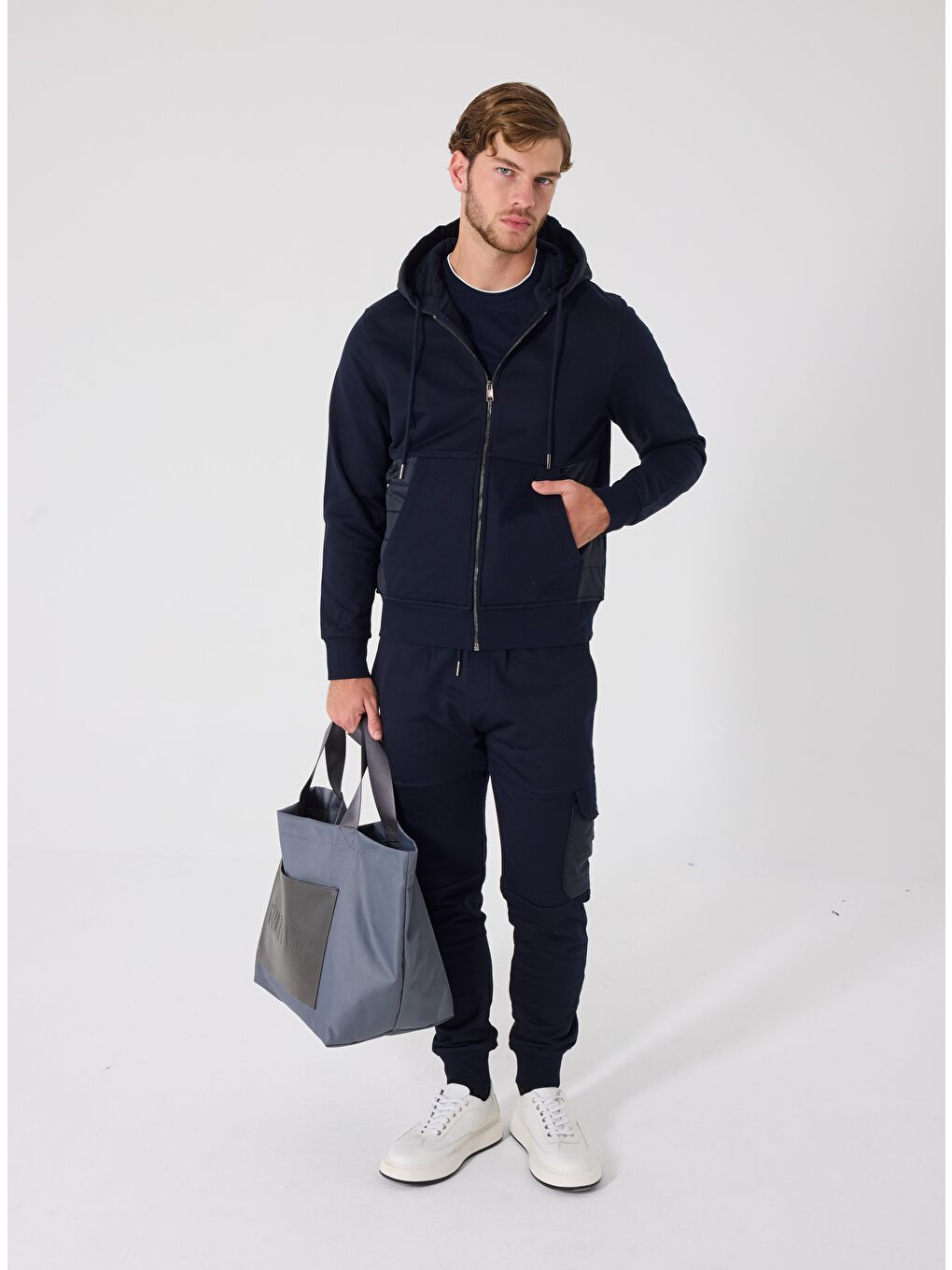 Lacivert Standart Fit Pamuklu Kapüşonlu Eşofman Takımı-1