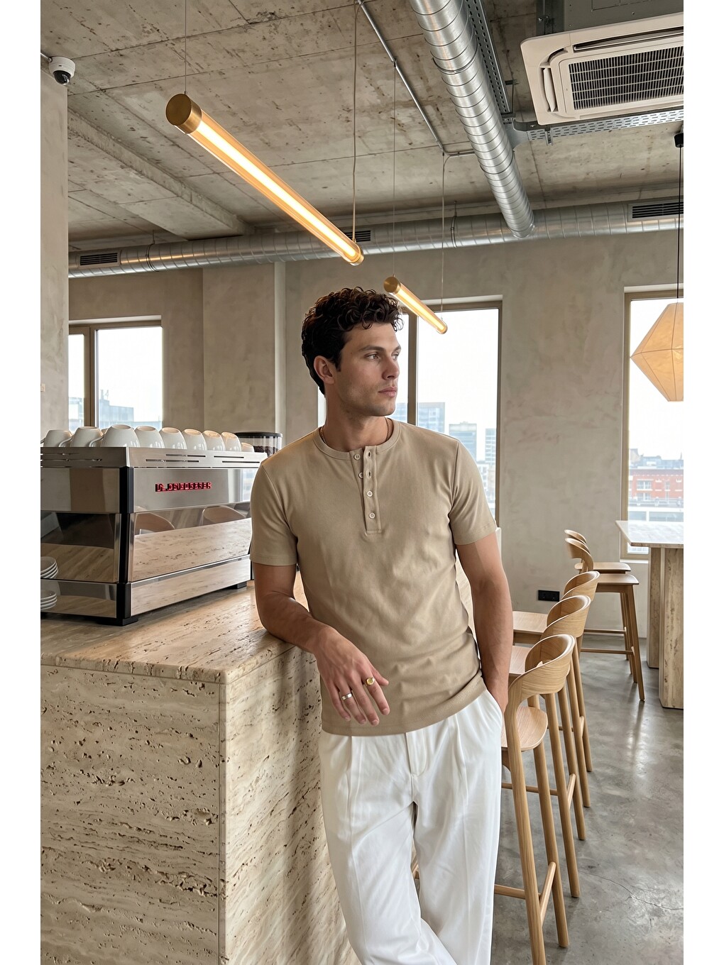 Bej Liiri %100 Pamuk Premium Fitilli Henley Yaka Yarım Düğmeli Regular Fit Basic Yazlık Erkek Tişört-3