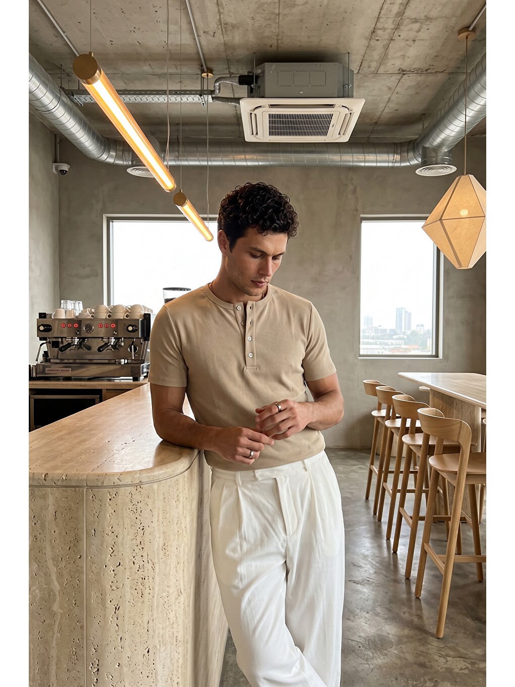 Bej Liiri %100 Pamuk Premium Fitilli Henley Yaka Yarım Düğmeli Regular Fit Basic Yazlık Erkek Tişört-5