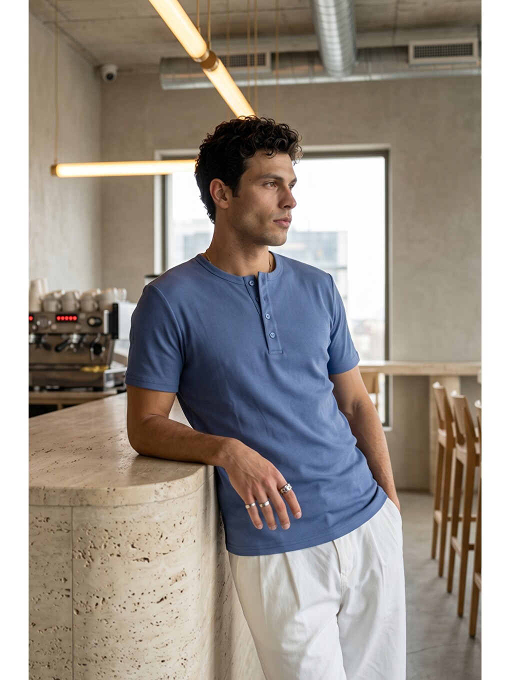 Mavi Liiri %100 Pamuk Premium Fitilli Henley Yaka Yarım Düğmeli Regular Fit Basic Yazlık Erkek Tişört