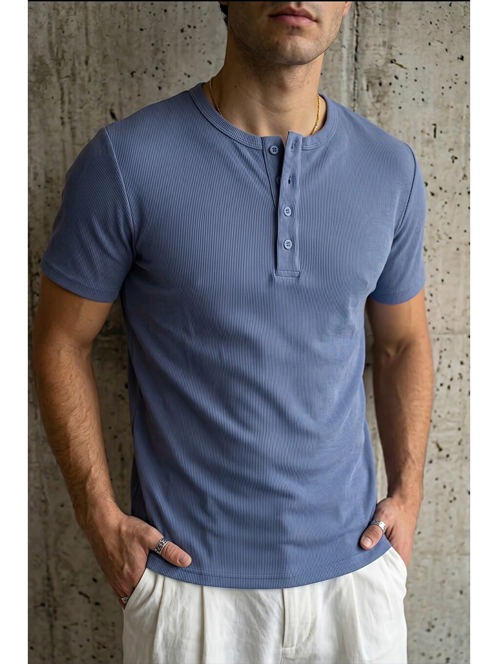 Mavi Liiri %100 Pamuk Premium Fitilli Henley Yaka Yarım Düğmeli Regular Fit Basic Yazlık Erkek Tişört-1