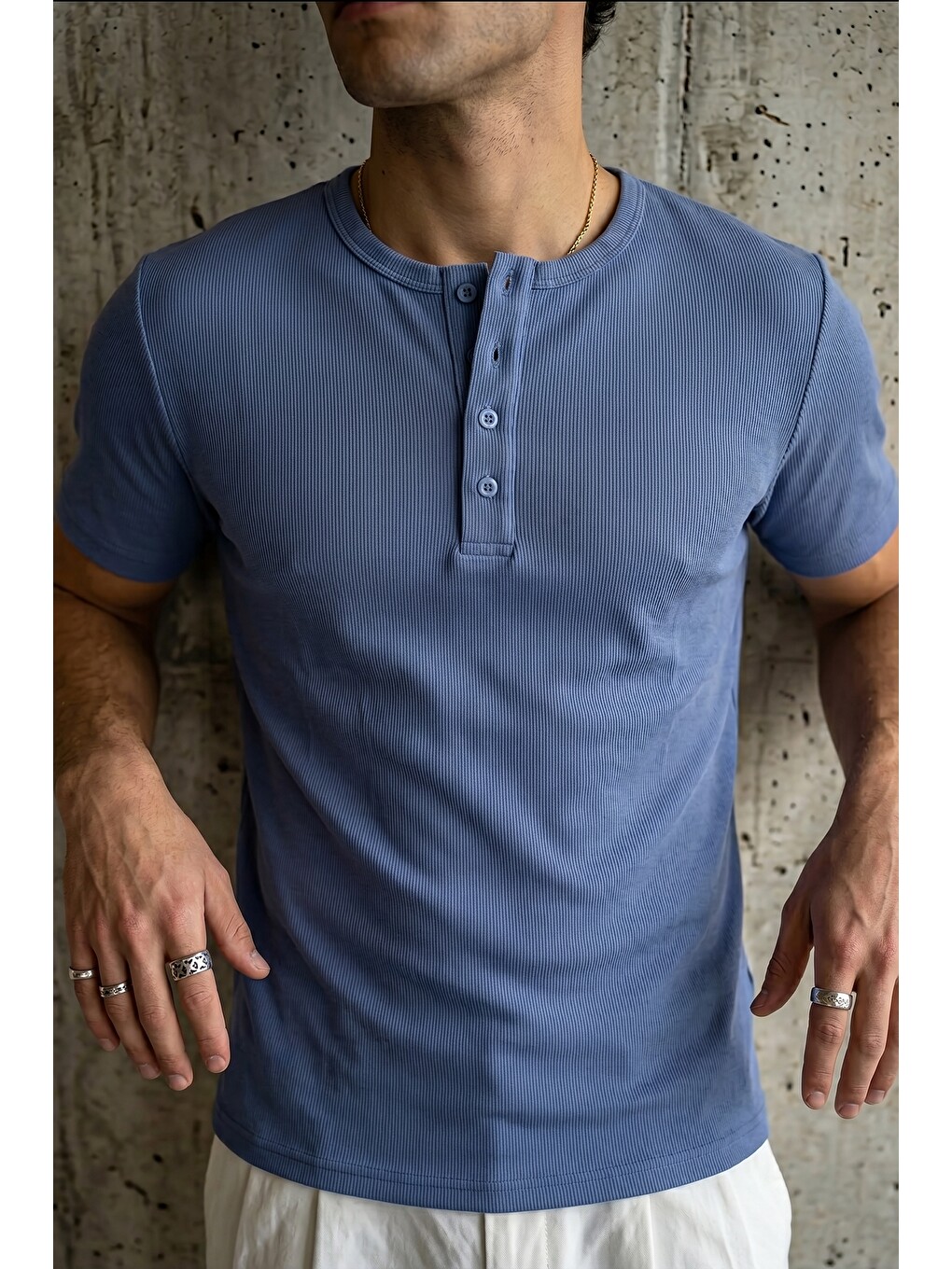 Mavi Liiri %100 Pamuk Premium Fitilli Henley Yaka Yarım Düğmeli Regular Fit Basic Yazlık Erkek Tişört-3
