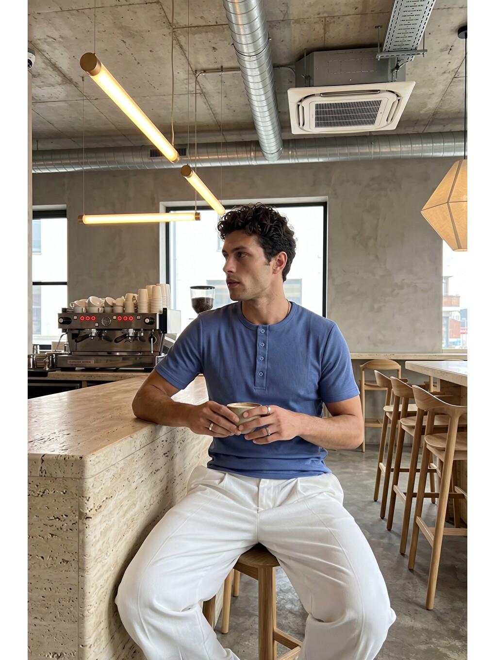 Mavi Liiri %100 Pamuk Premium Fitilli Henley Yaka Yarım Düğmeli Regular Fit Basic Yazlık Erkek Tişört-4