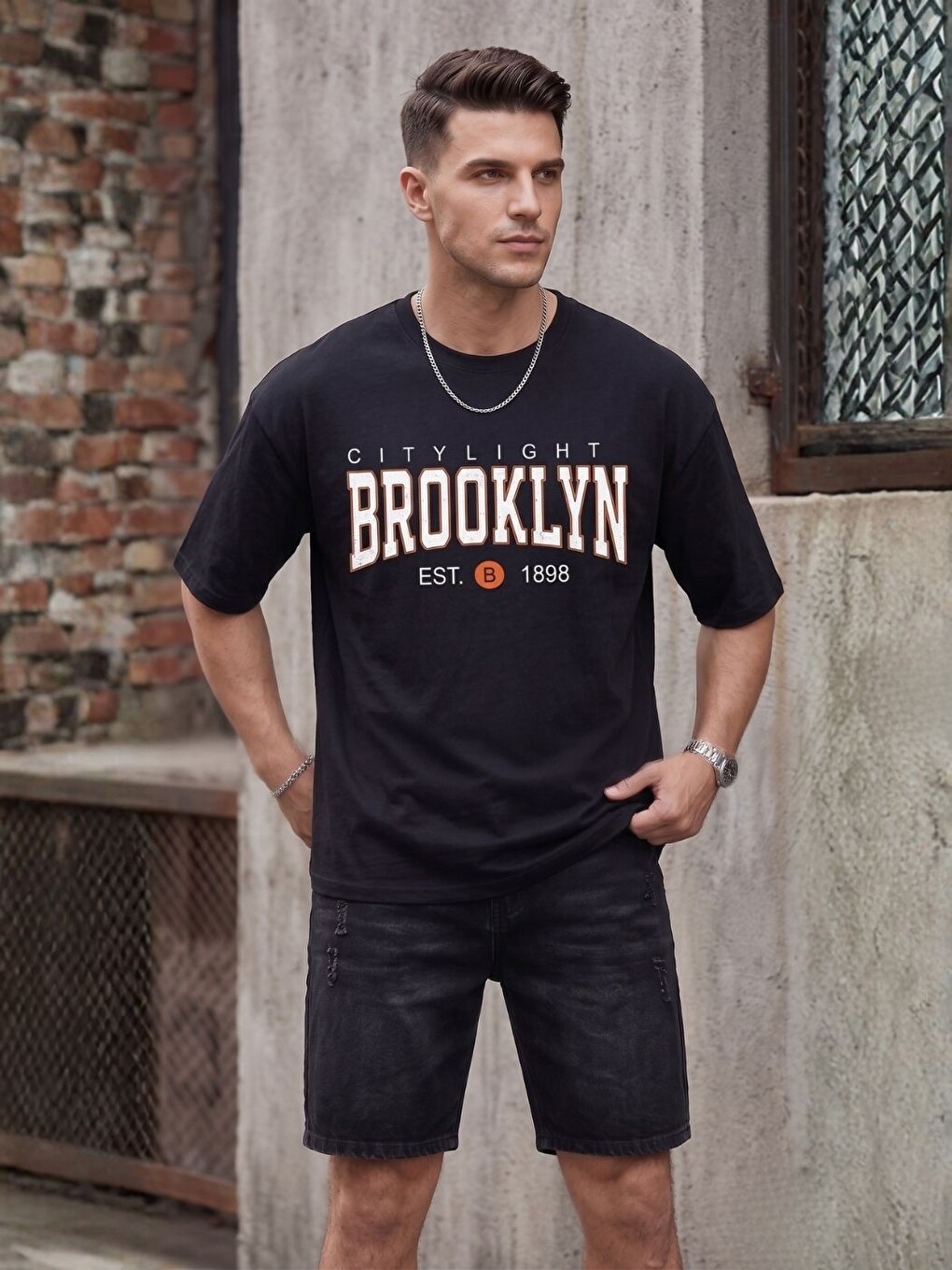 Erkek Siyah Brooklyn Citylights Baskı Detay %100 Organik Pamuk Örme Tişört