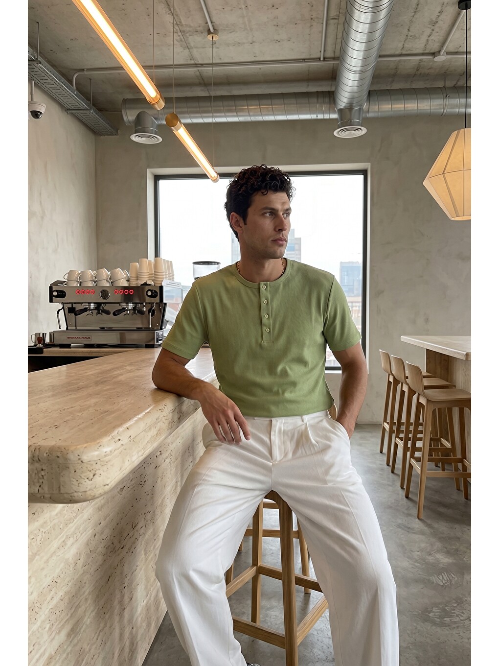 Yeşil Liiri %100 Pamuk Premium Fitilli Henley Yaka Yarım Düğmeli Regular Fit Basic Yazlık Erkek Tişört-1