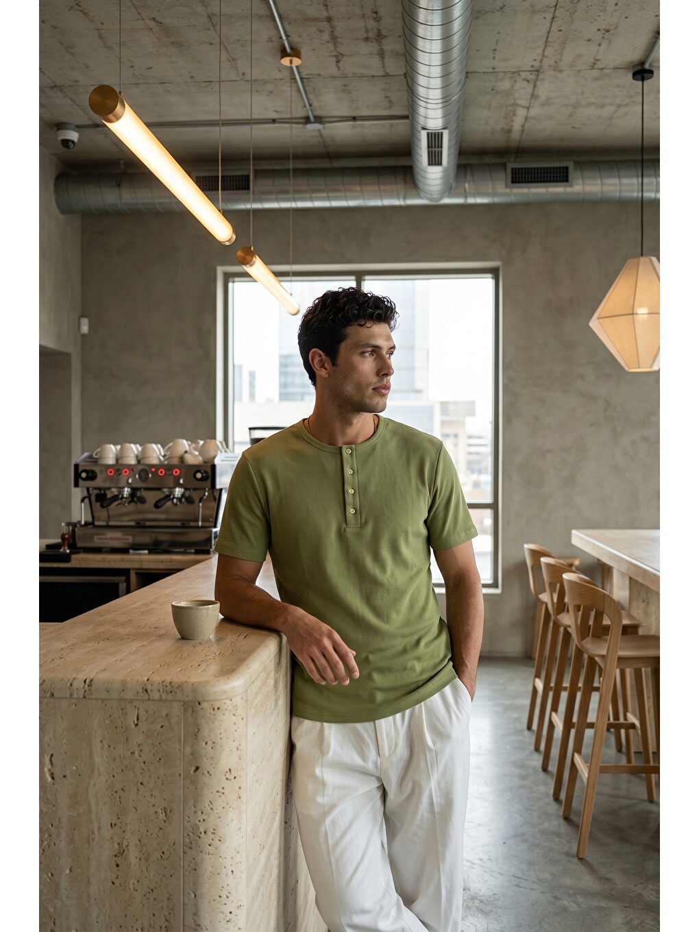 Yeşil Liiri %100 Pamuk Premium Fitilli Henley Yaka Yarım Düğmeli Regular Fit Basic Yazlık Erkek Tişört-3