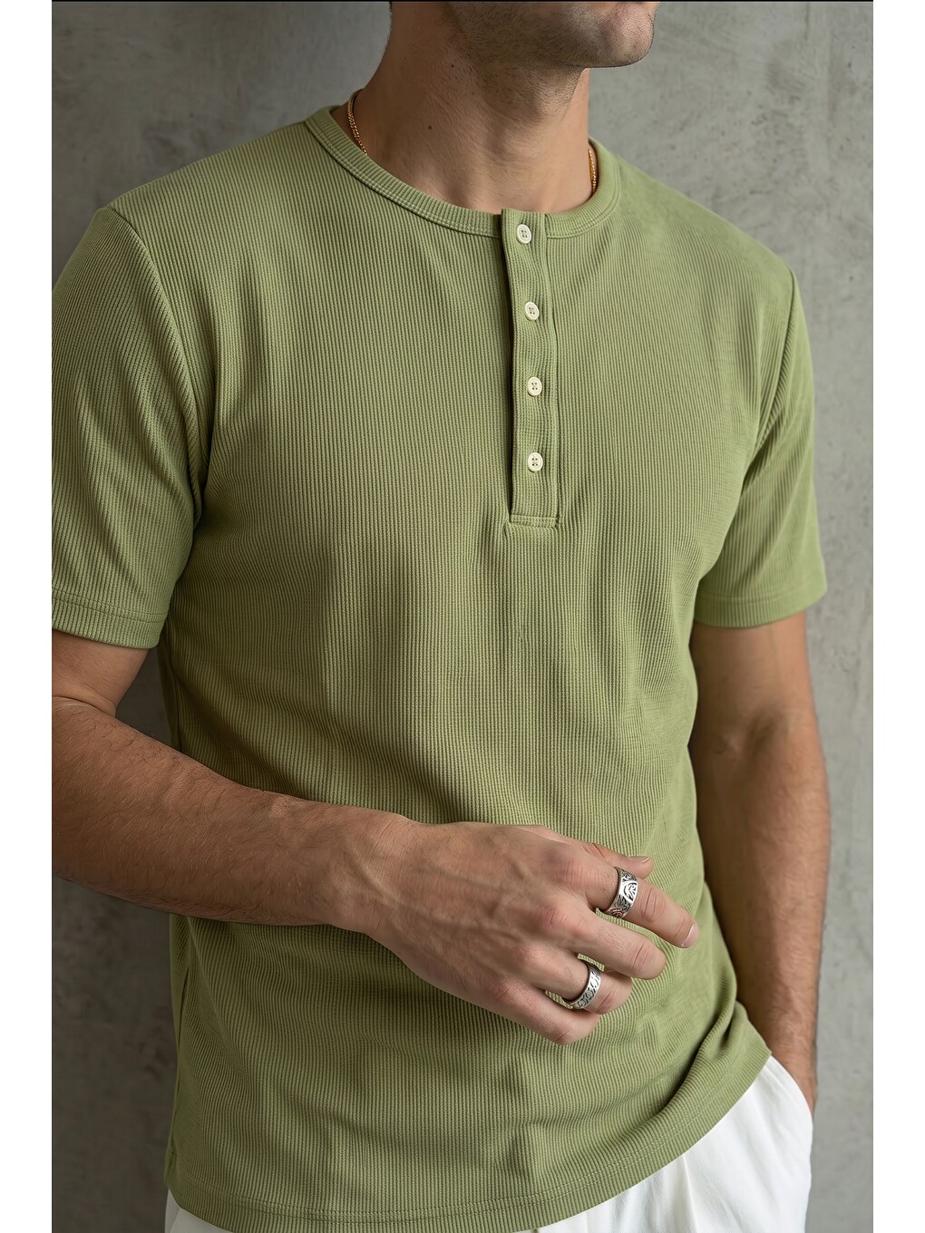 Yeşil Liiri %100 Pamuk Premium Fitilli Henley Yaka Yarım Düğmeli Regular Fit Basic Yazlık Erkek Tişört-4