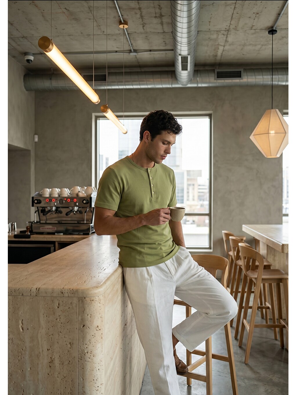 Yeşil Liiri %100 Pamuk Premium Fitilli Henley Yaka Yarım Düğmeli Regular Fit Basic Yazlık Erkek Tişört-5