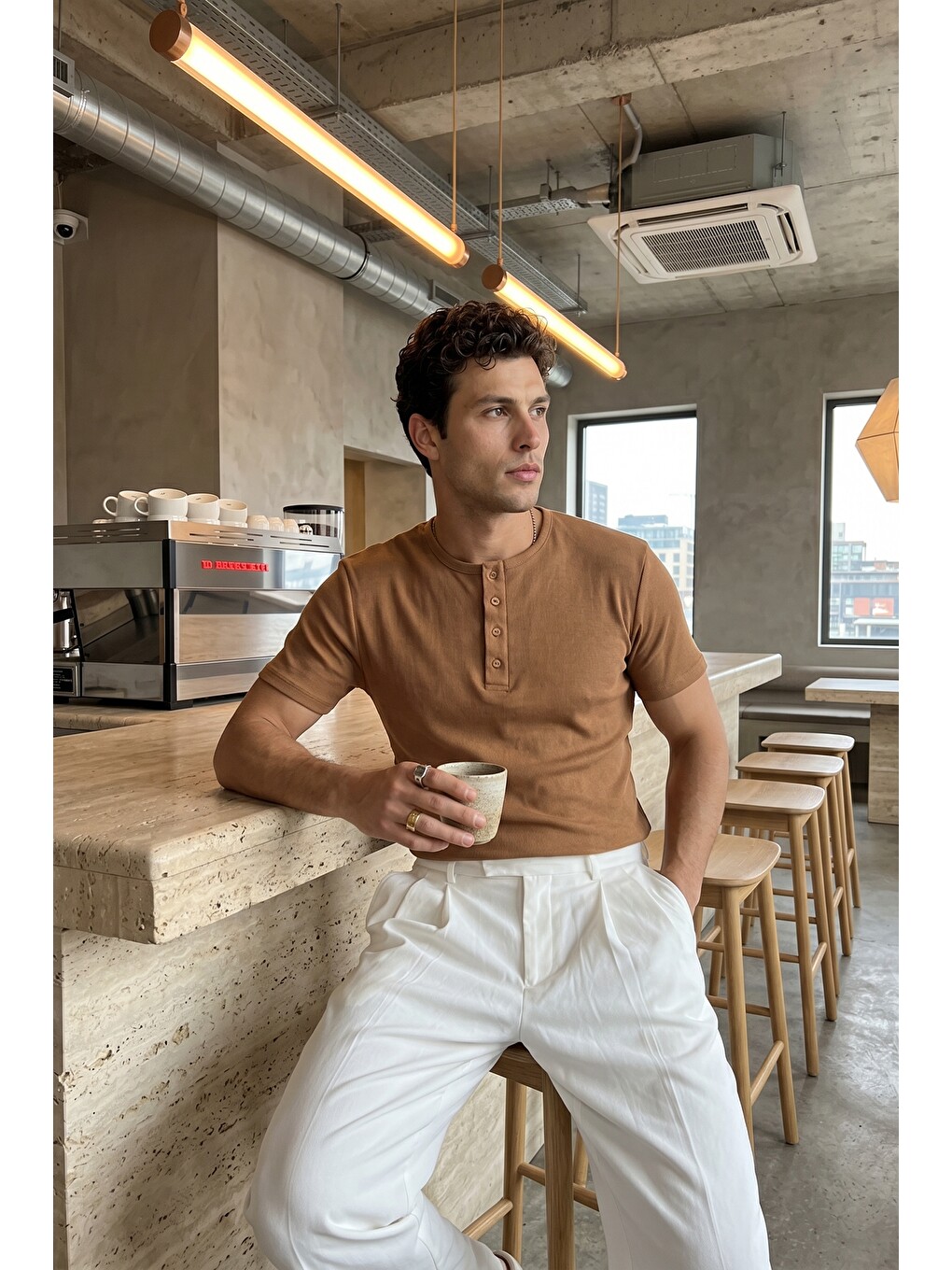 Kahverengi Liiri %100 Pamuk Premium Fitilli Henley Yaka Yarım Düğmeli Regular Fit Basic Yazlık Erkek Tişört