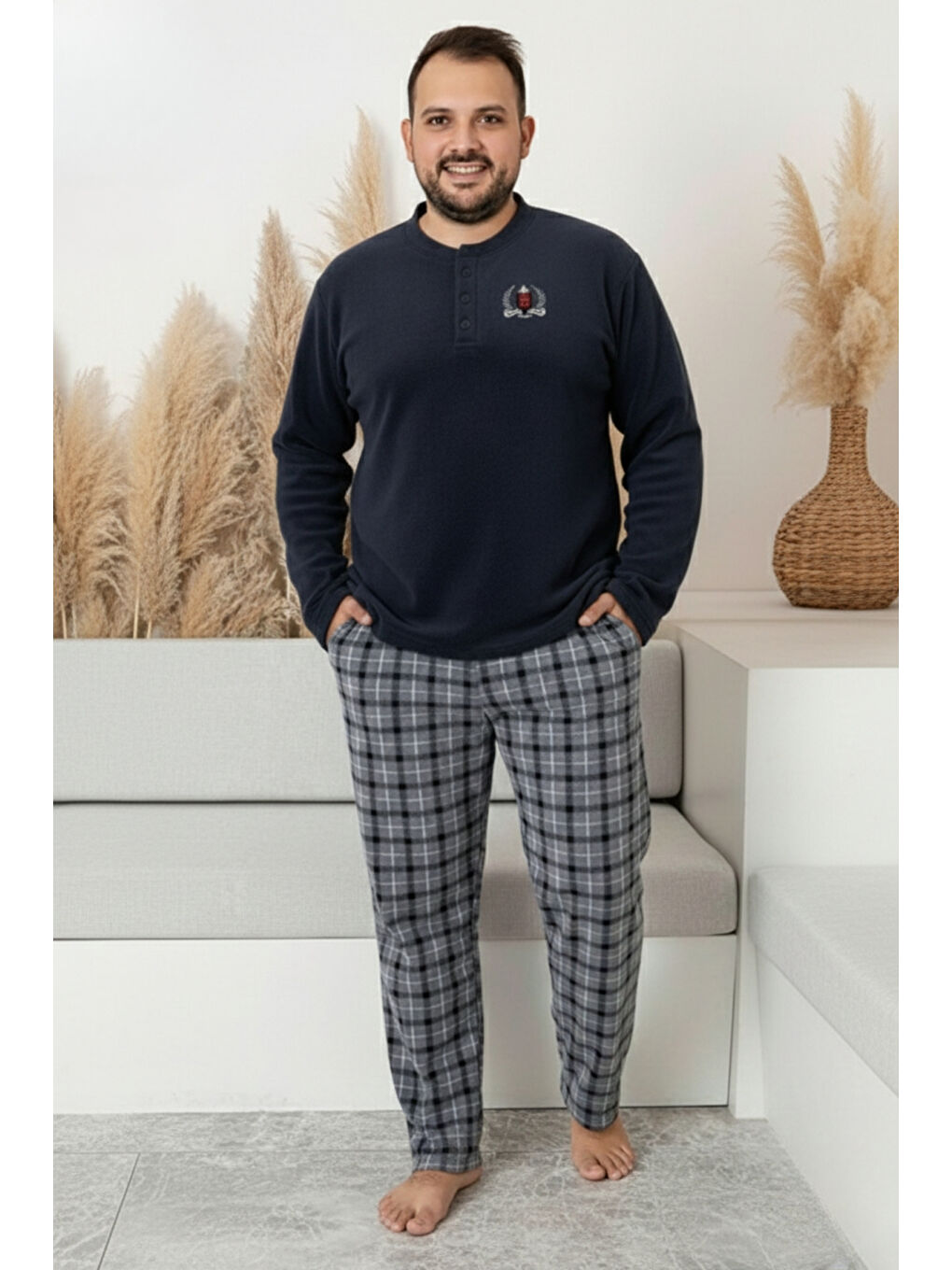 Antrasit Cepli Ekoseli Büyük Beden Erkek Polar Pijama Takımı 3445