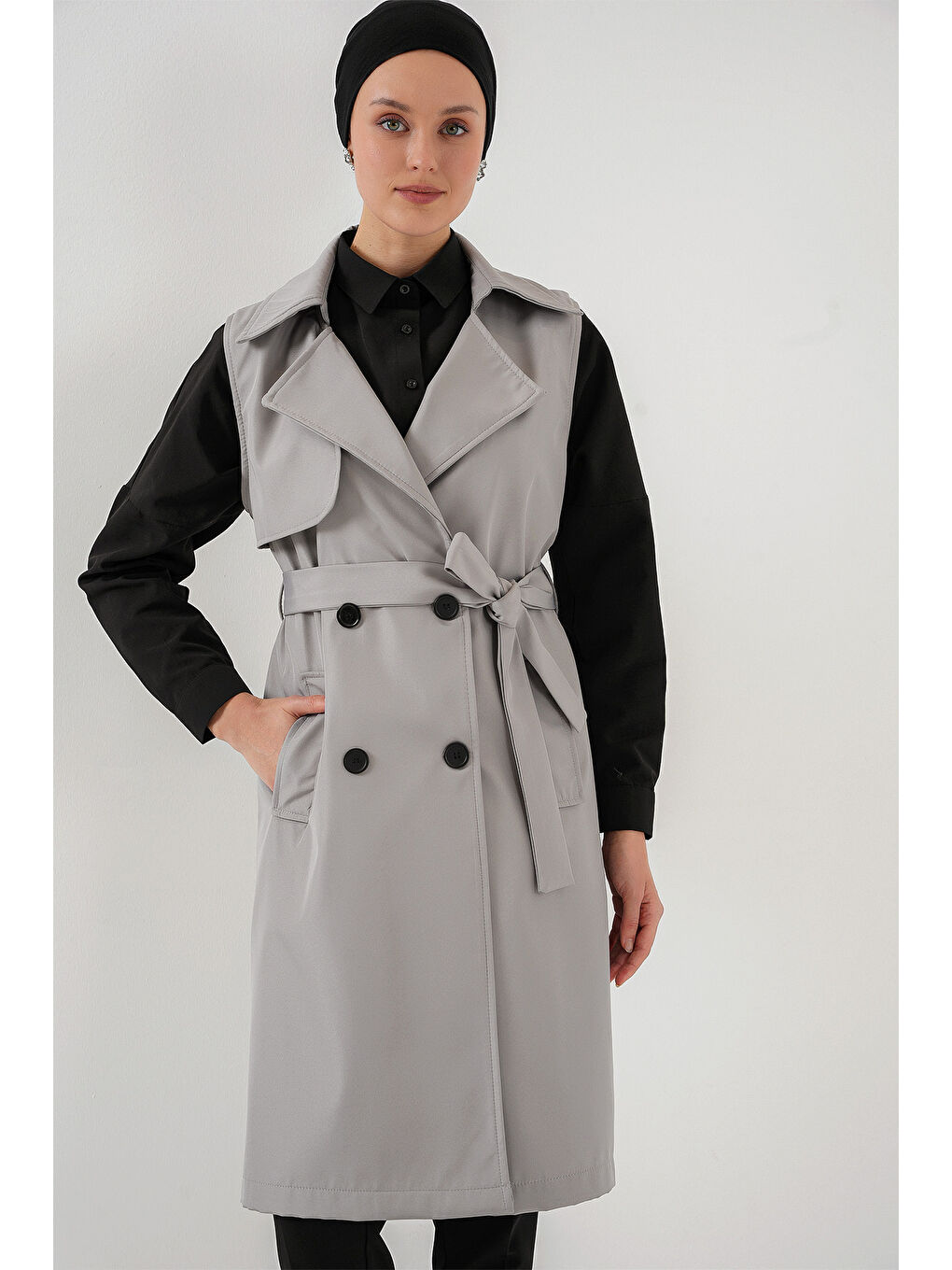 5911 Kruvaze Yaka Trençkot Yelek - Gri