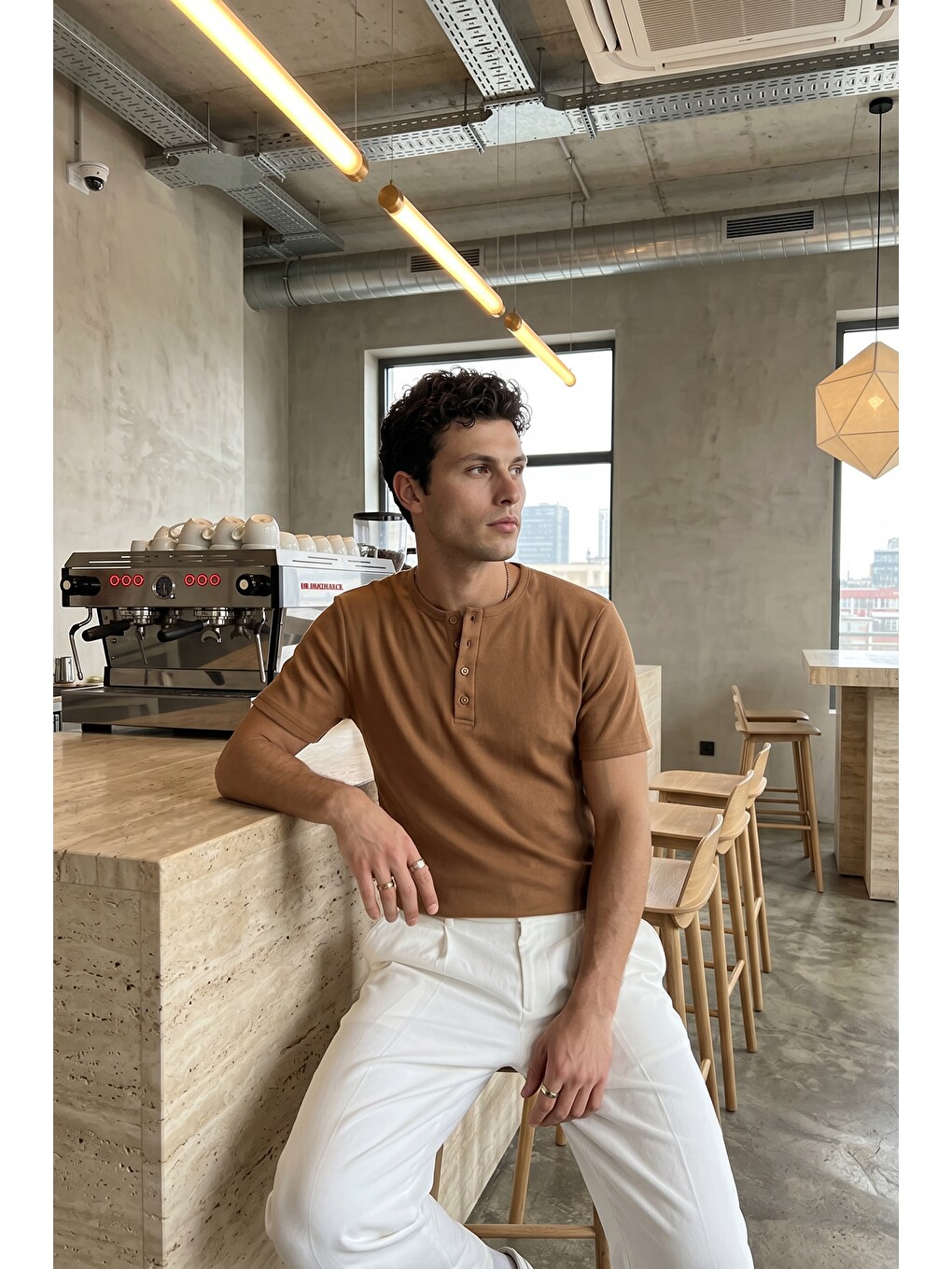 Kahverengi Liiri %100 Pamuk Premium Fitilli Henley Yaka Yarım Düğmeli Regular Fit Basic Yazlık Erkek Tişört-4