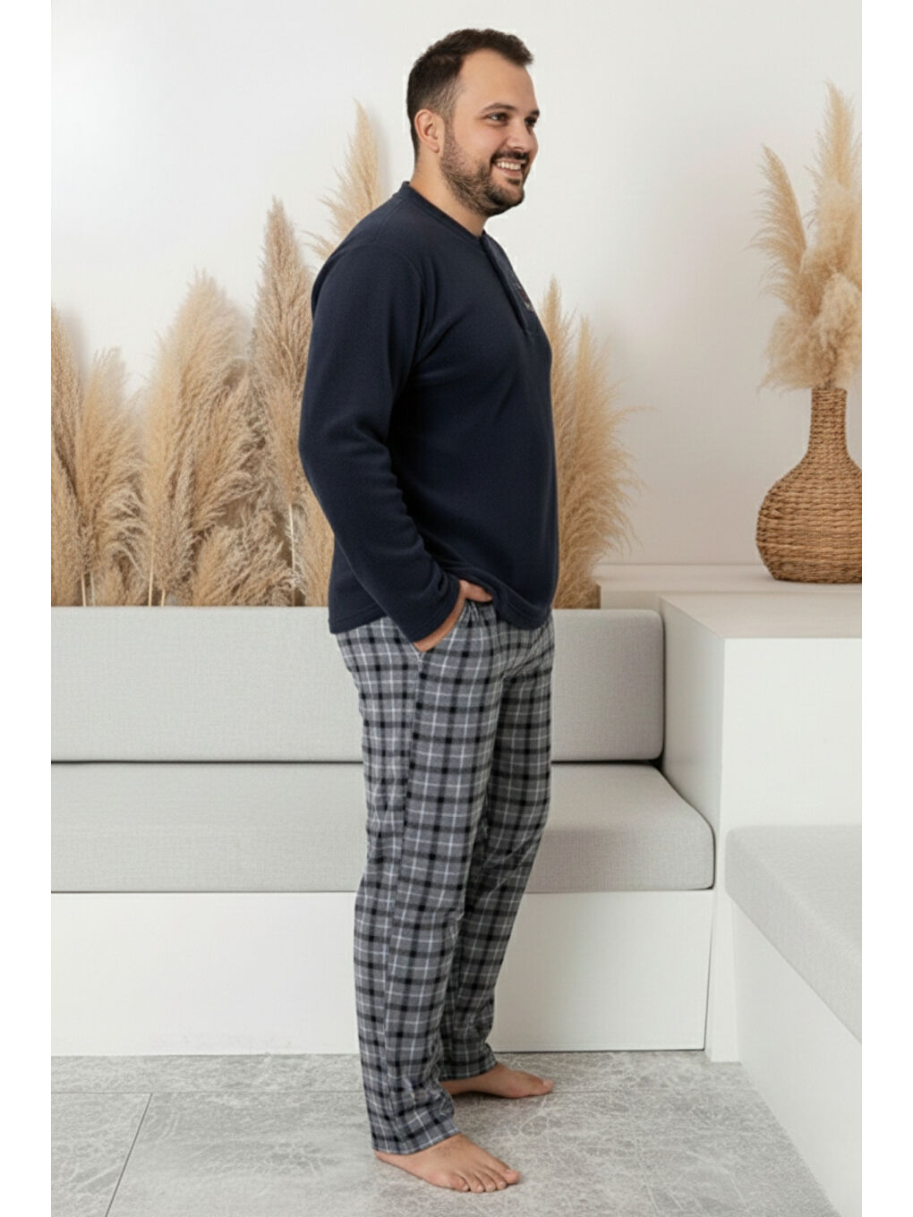 Antrasit Cepli Ekoseli Büyük Beden Erkek Polar Pijama Takımı 3445-1