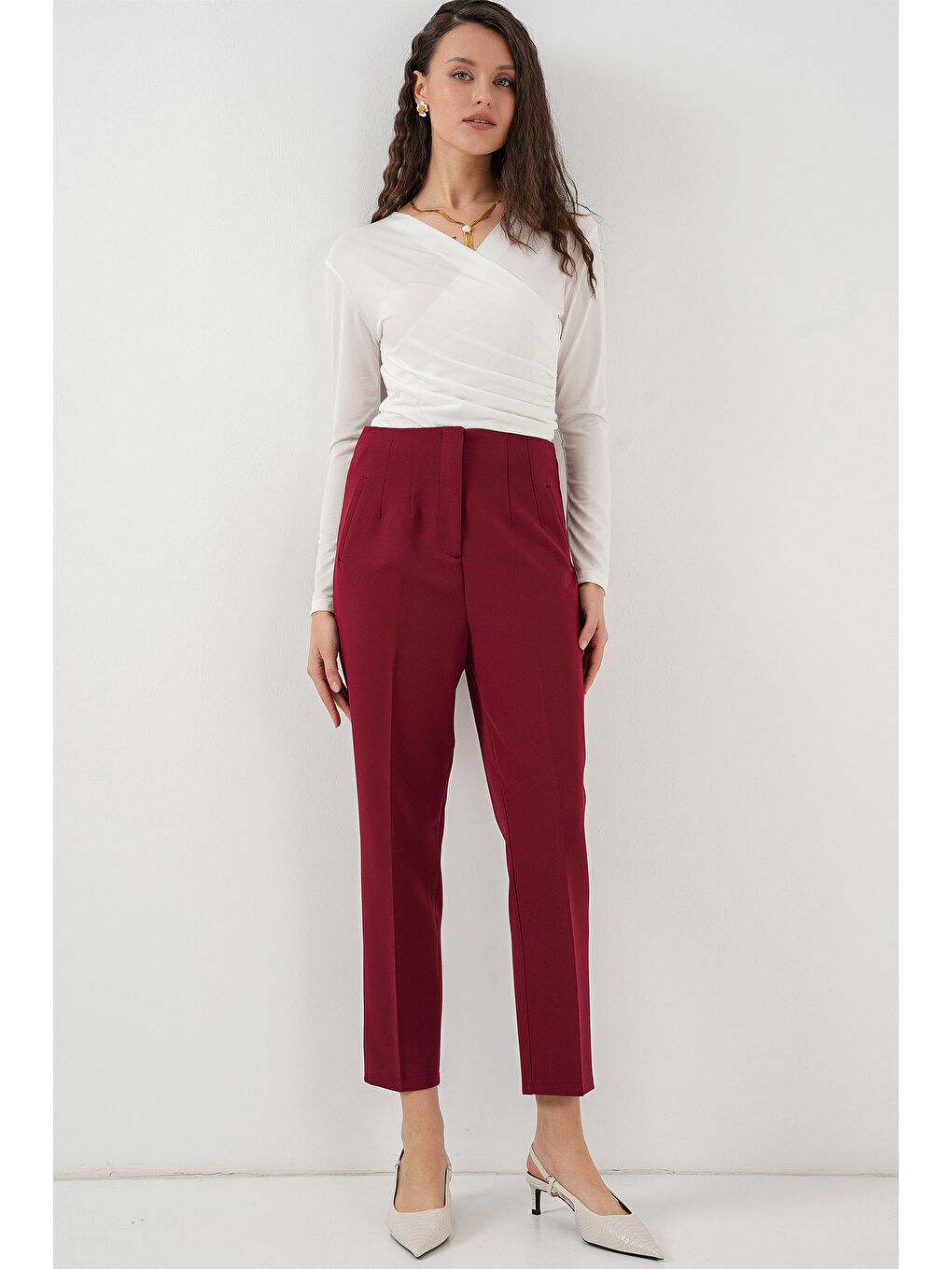 6650 Yüksek Bel Kumaş Pantolon - Bordo