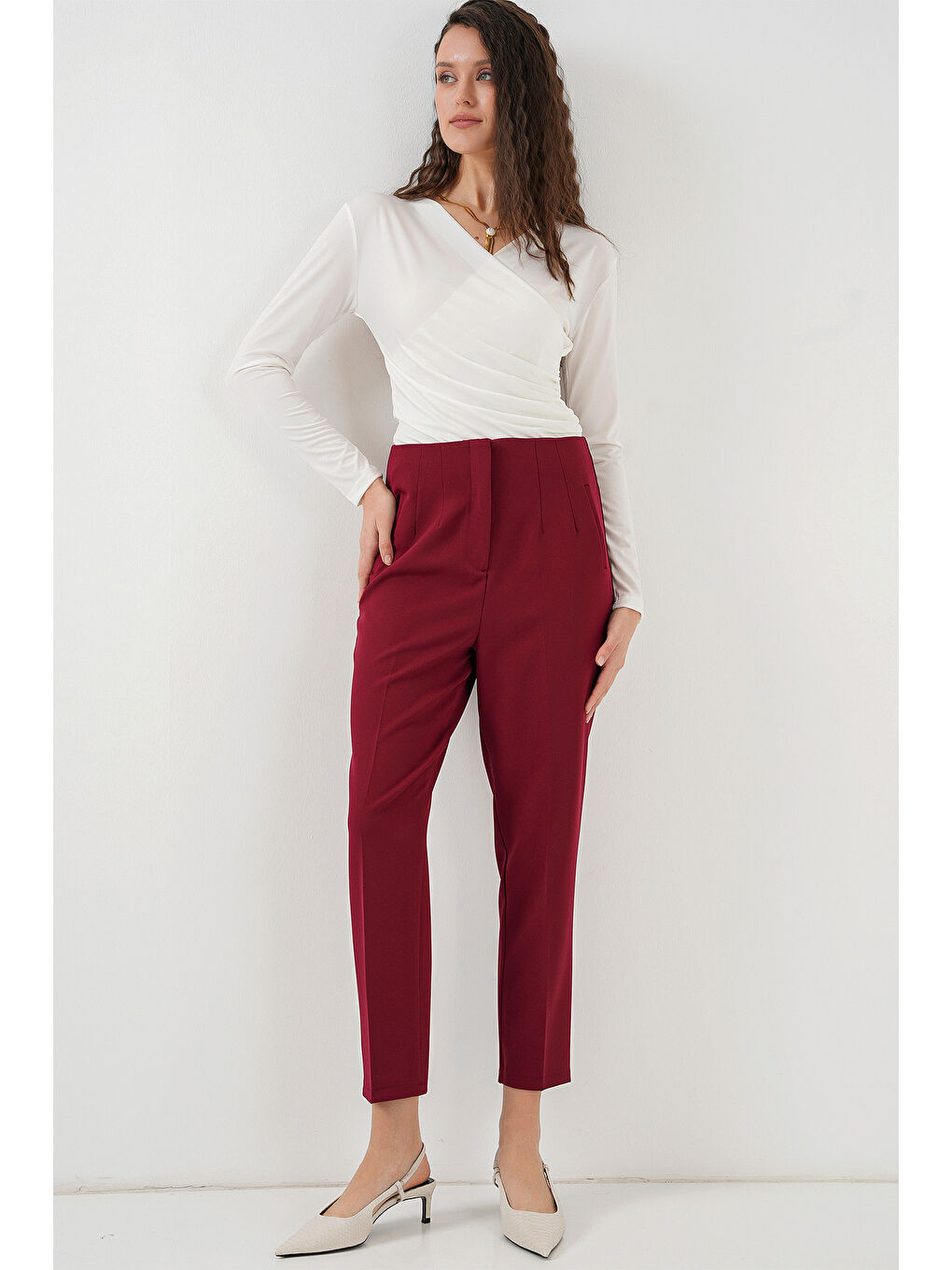 6650 Yüksek Bel Kumaş Pantolon - Bordo-2