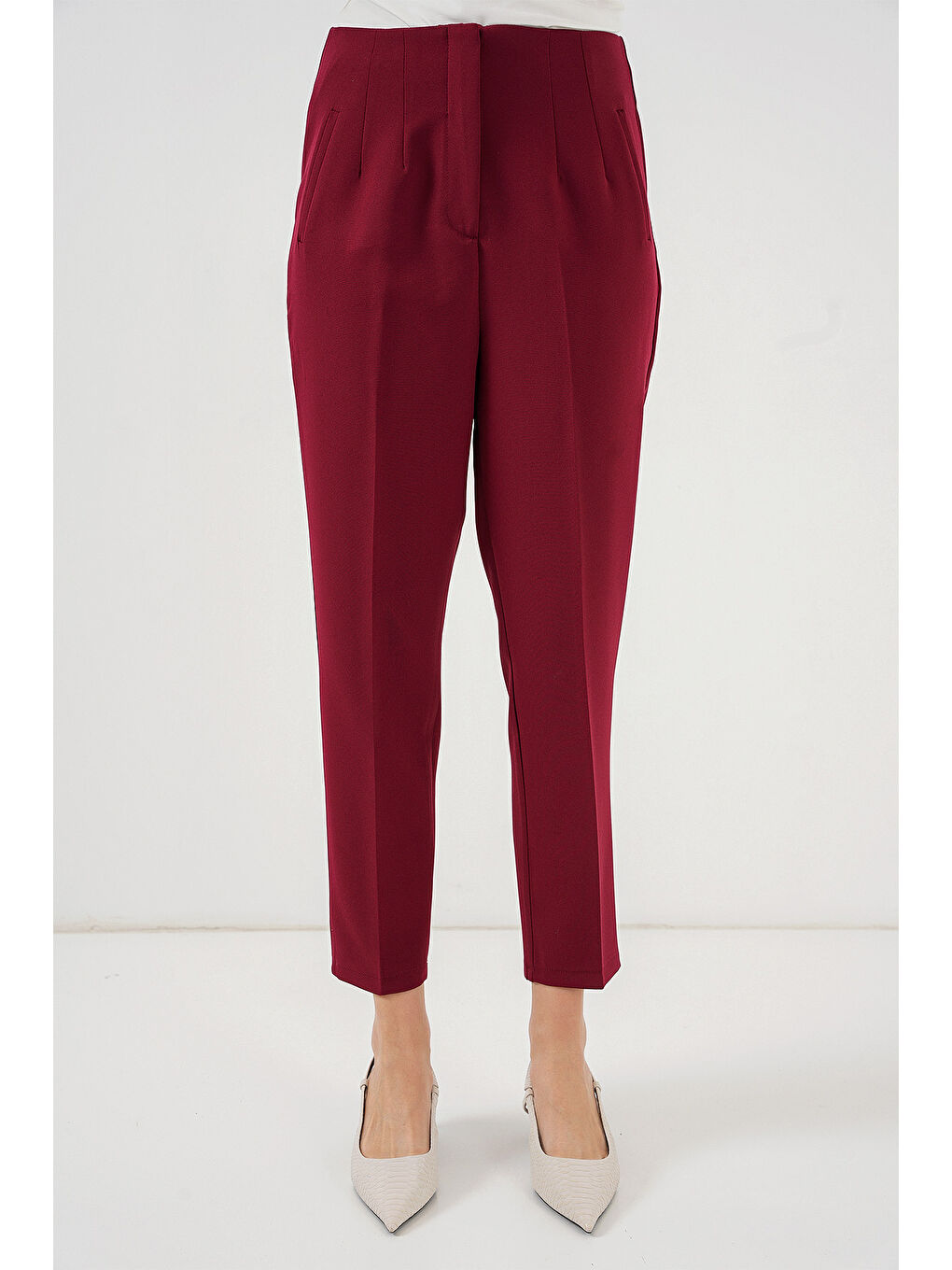 6650 Yüksek Bel Kumaş Pantolon - Bordo-3