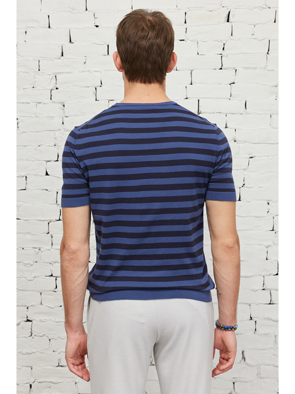 Erkek Lacivert-İndigo Standart Fit Normal Kesim Bisiklet Yaka Pamuklu Çizgili Triko Tişört-6