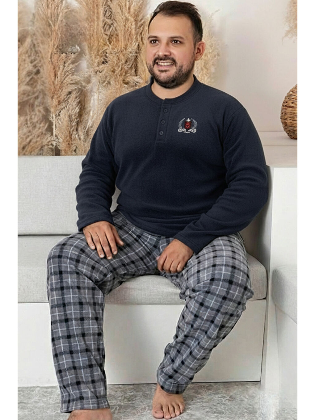 Antrasit Cepli Ekoseli Büyük Beden Erkek Polar Pijama Takımı 3445-2