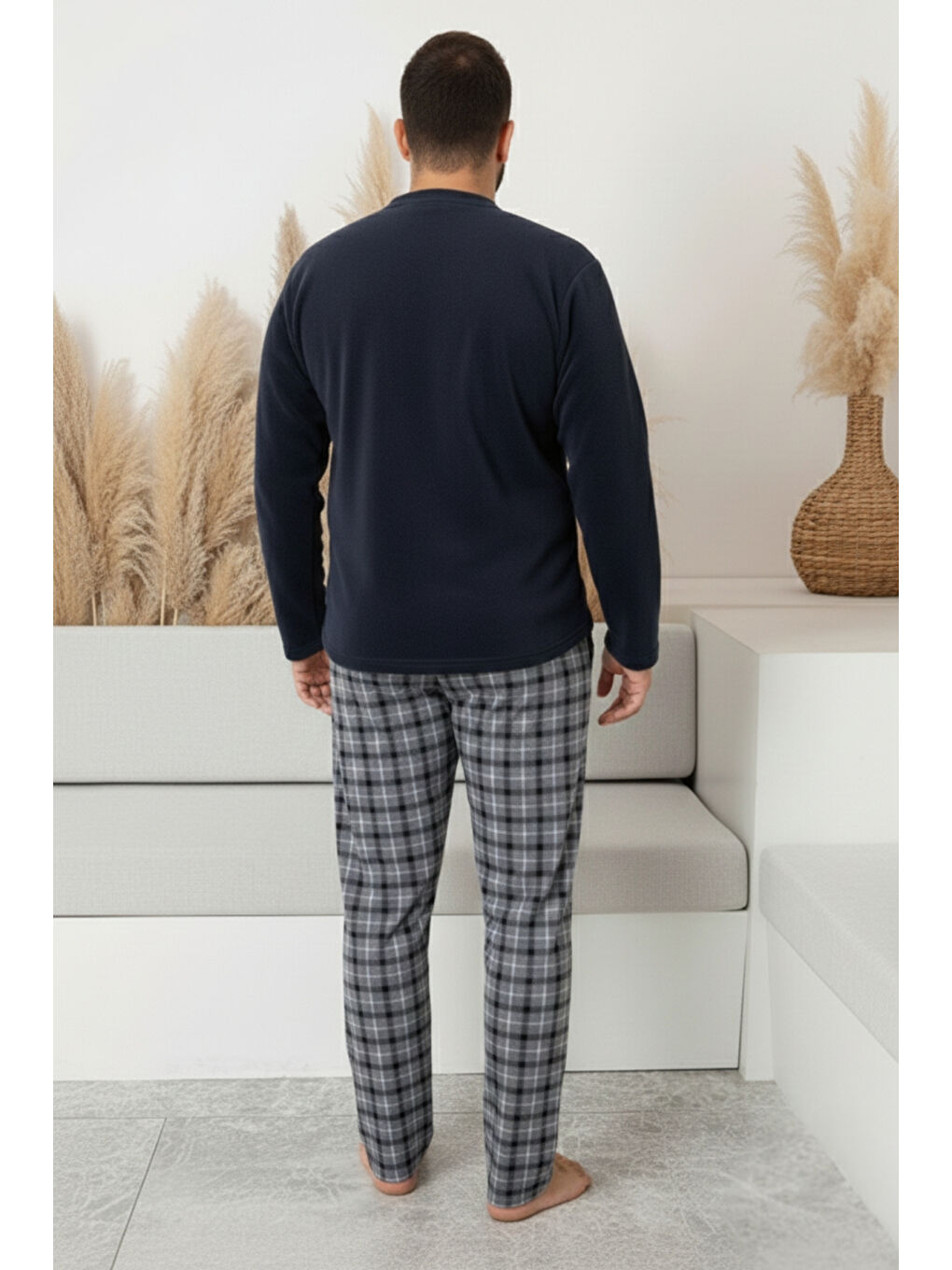 Antrasit Cepli Ekoseli Büyük Beden Erkek Polar Pijama Takımı 3445-3