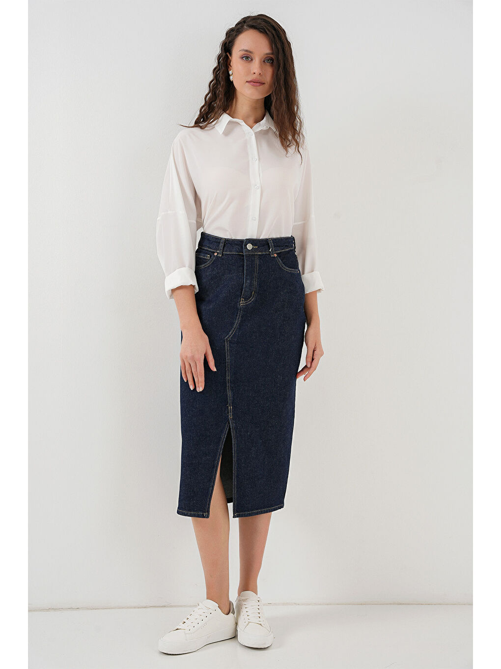 Kadın Yırtmaçlı Midi Jean Etek 8038   Lacivert-2