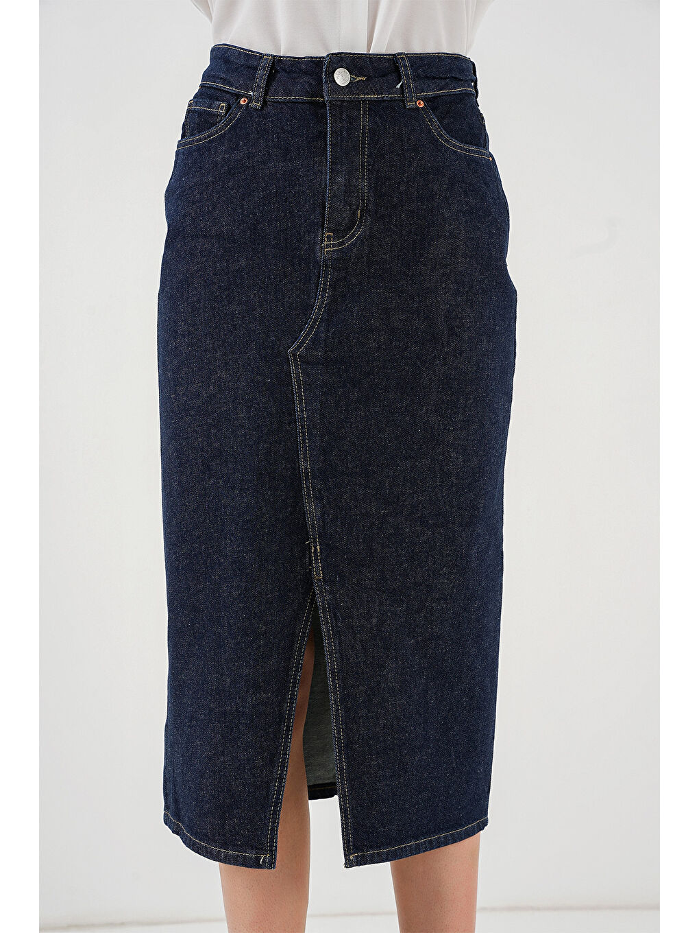 Kadın Yırtmaçlı Midi Jean Etek 8038   Lacivert-3