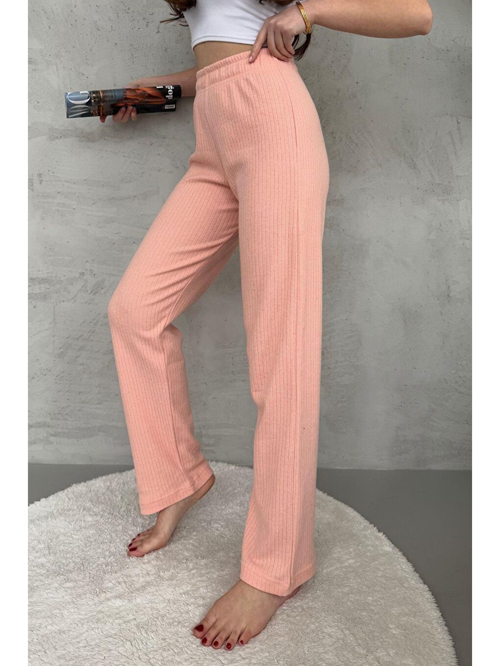 MMETALIC Turuncu Kadın Yavruağzı Yüksek Bel Fitilli Bol Paça Günlük İnce Eşofman Altı Pijama