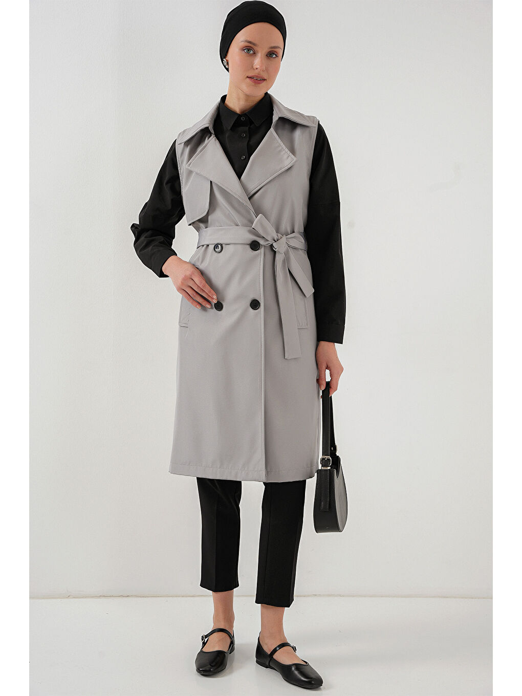 5911 Kruvaze Yaka Trençkot Yelek - Gri-1