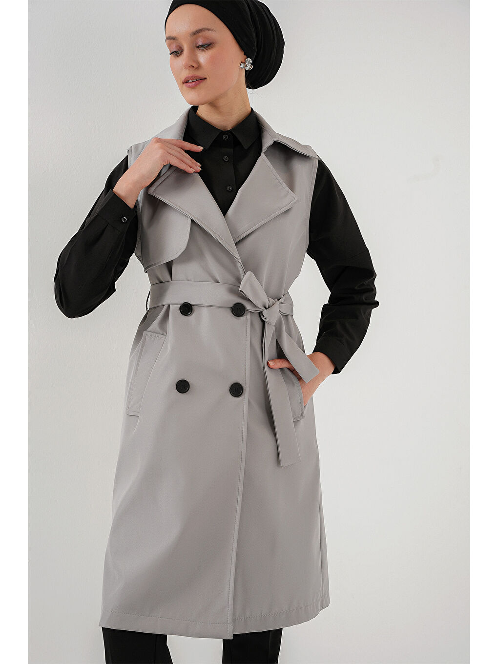 5911 Kruvaze Yaka Trençkot Yelek - Gri-2