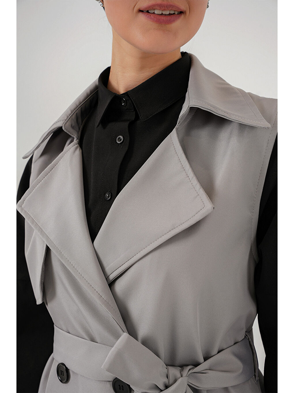 5911 Kruvaze Yaka Trençkot Yelek - Gri-3