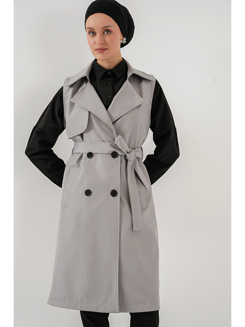 5911 Kruvaze Yaka Trençkot Yelek - Gri-4