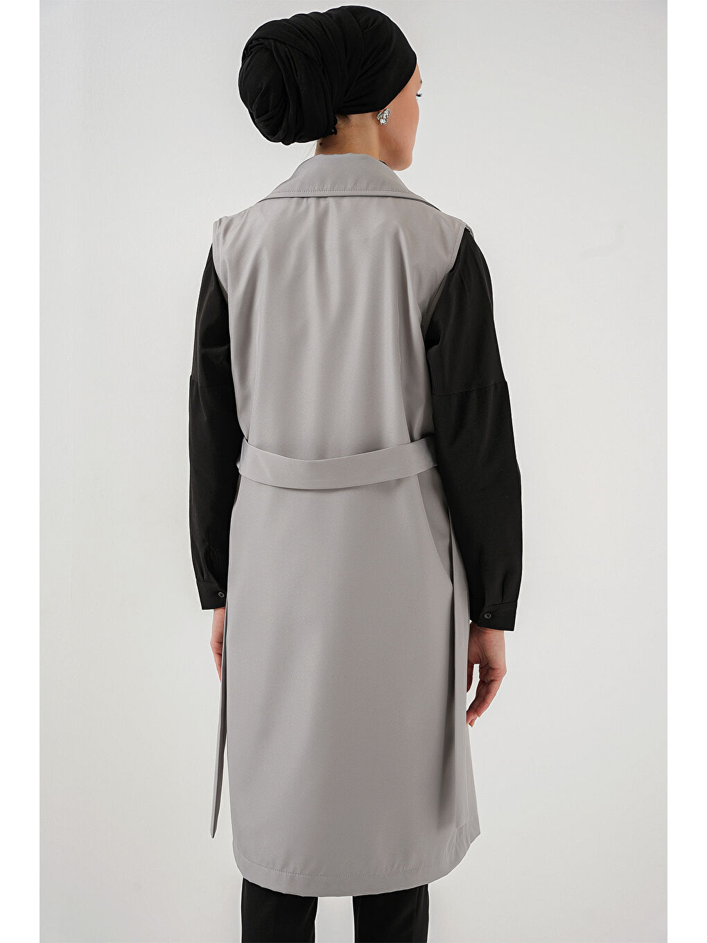 5911 Kruvaze Yaka Trençkot Yelek - Gri-6