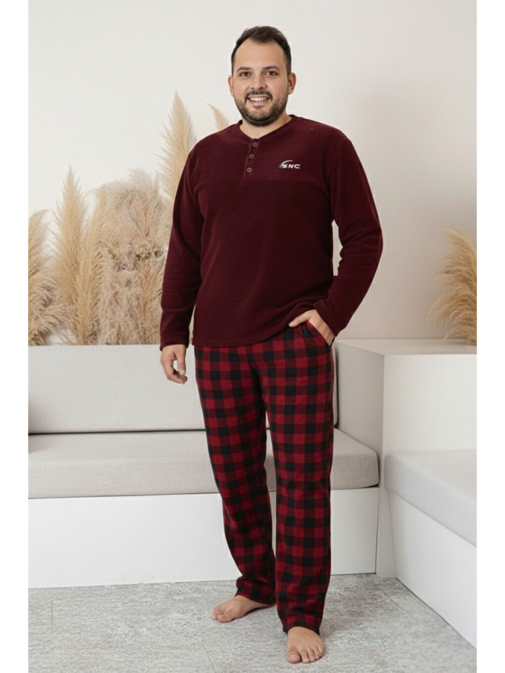 Bordo Cepli Ekoseli Büyük Beden Erkek Polar Pijama Takımı 3445